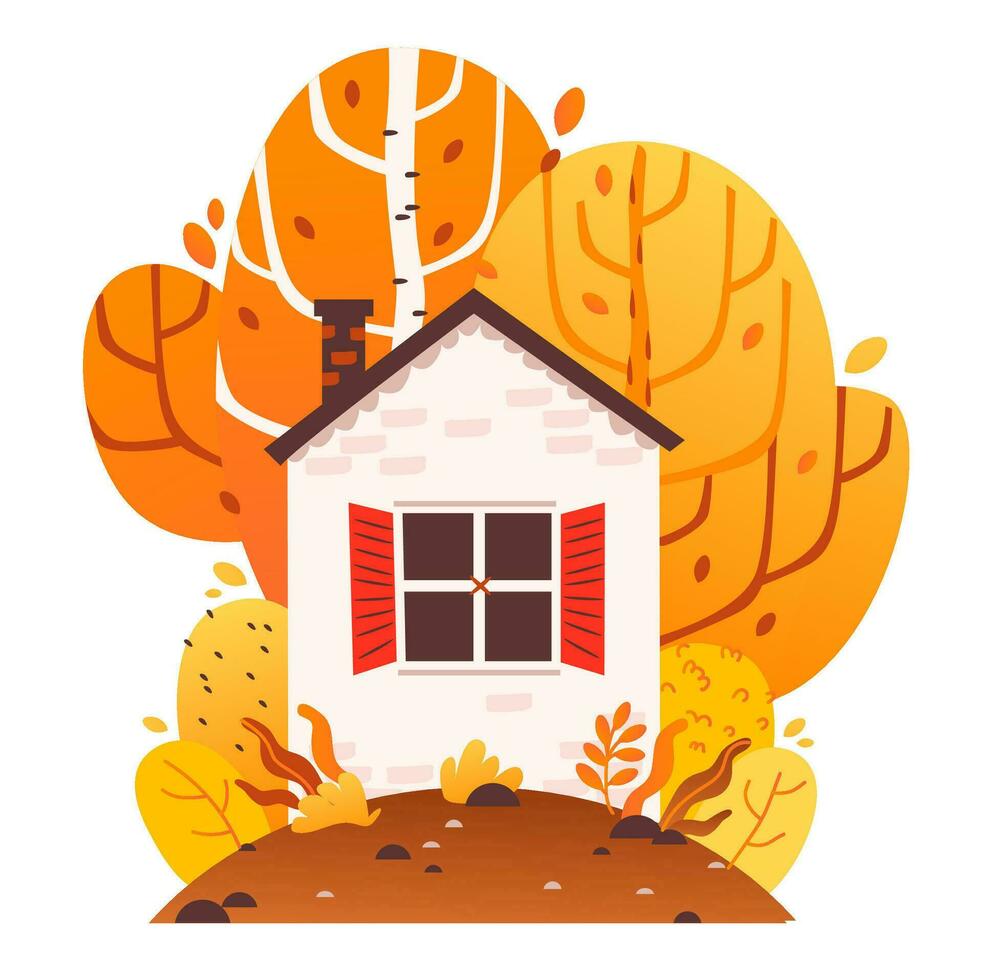 Cozy house on the background of an autumn landscape. Cartoon vector illustration.