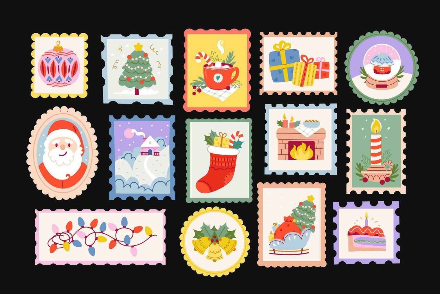 Christmas mail stamps set. New Year stickers on envelopes with festive Christmas illustrations. Hand drawn vector illustration.