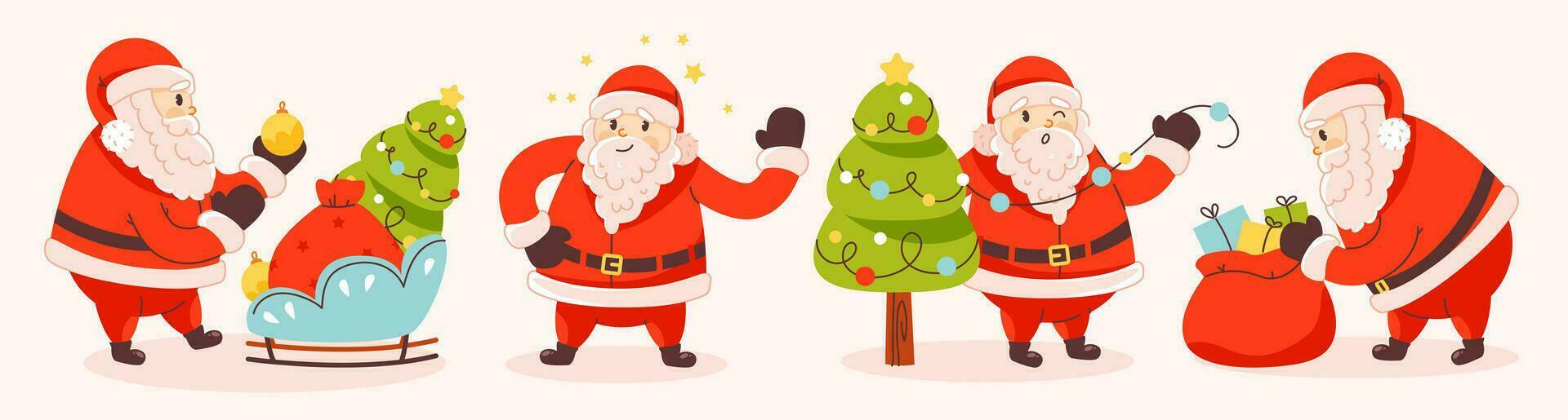 Happy Santa Claus with gifts, a Christmas tree and the magic of Christmas. A set of vector cartoon Santa Claus icons.