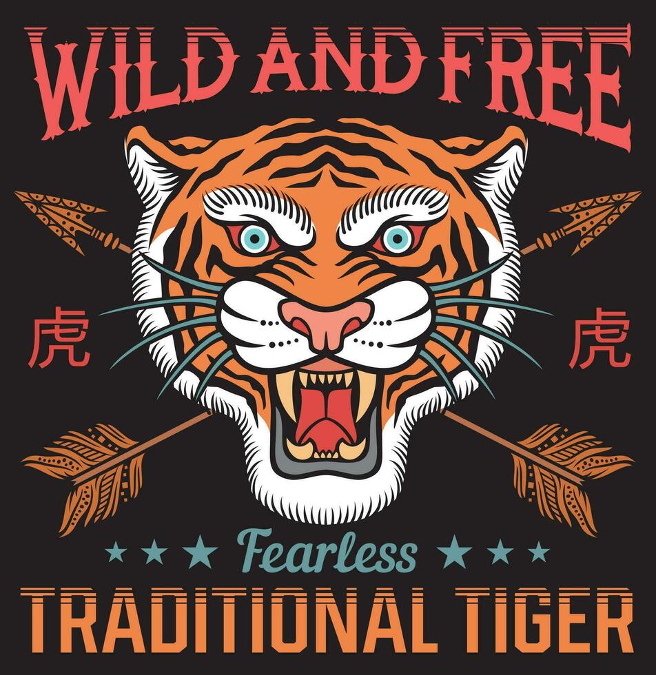 salvaje y gratis. valiente. tradicional tigre. asiático salvaje gato. vector ilustración.