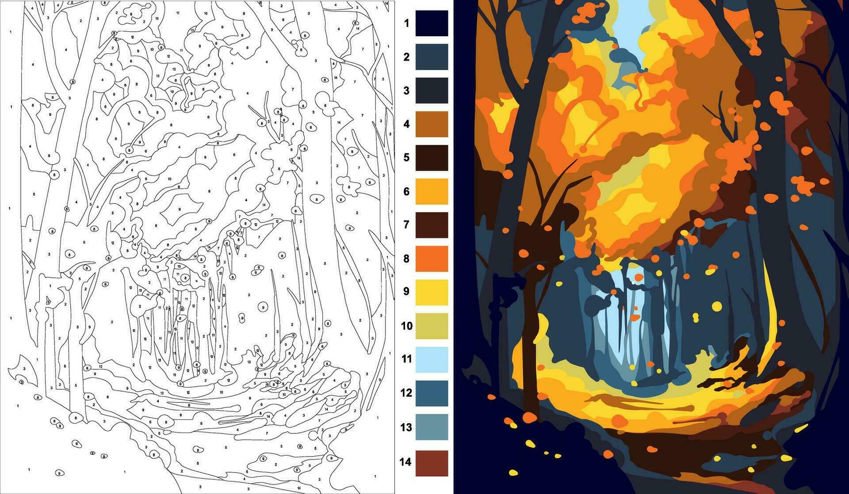 Autumn, Painting by Numbers for adults, Painting by Numbers Kits, concept art, warm color scheme, low detail, vector, flat pattern, painting by numbers, coloring page vector