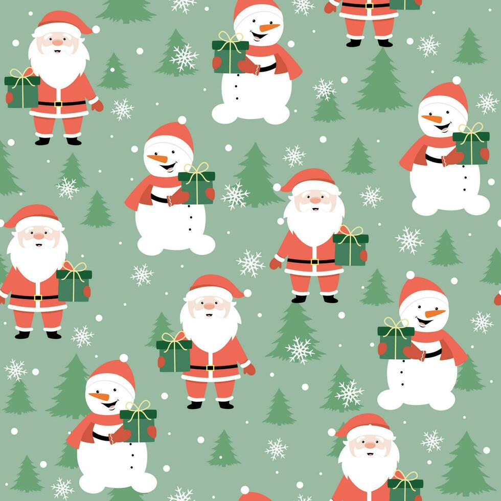 Seamless pattern with cute snowman, Santa claus, christmas tree and snowflakes. Vector flat design for wrapper, fabric, wallpaper.