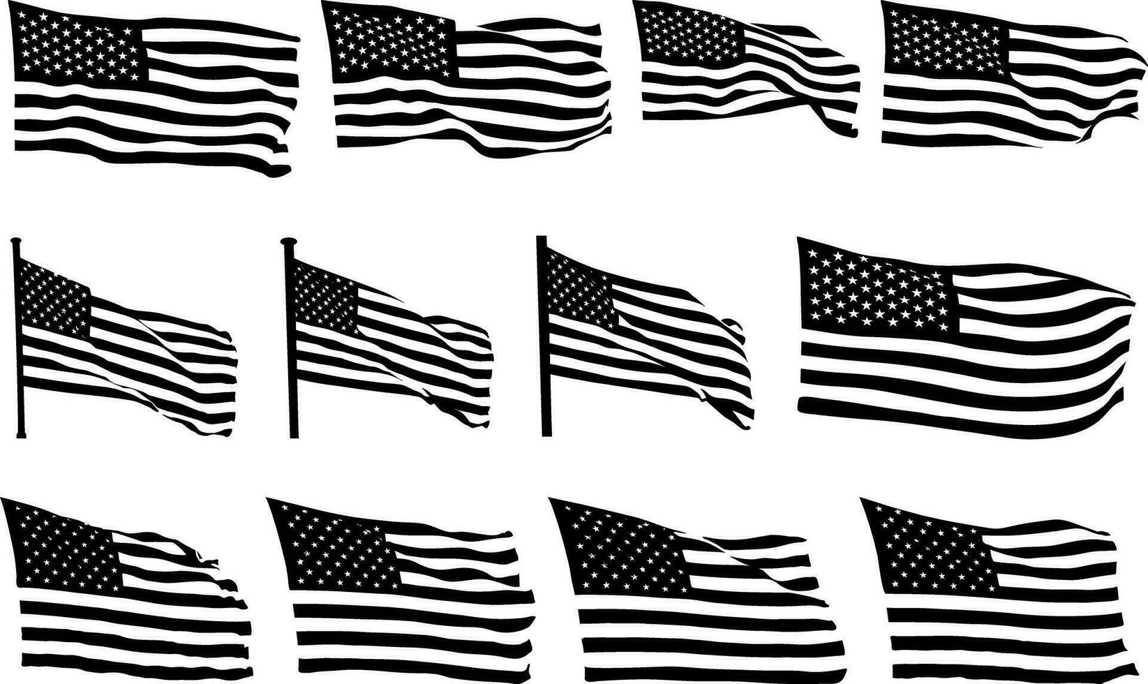 Collection of waving flag silhouettes in the wind, Vector set bundle of black flat American USA flag, A set of silhouette American flag vector, American Flag Silhouette