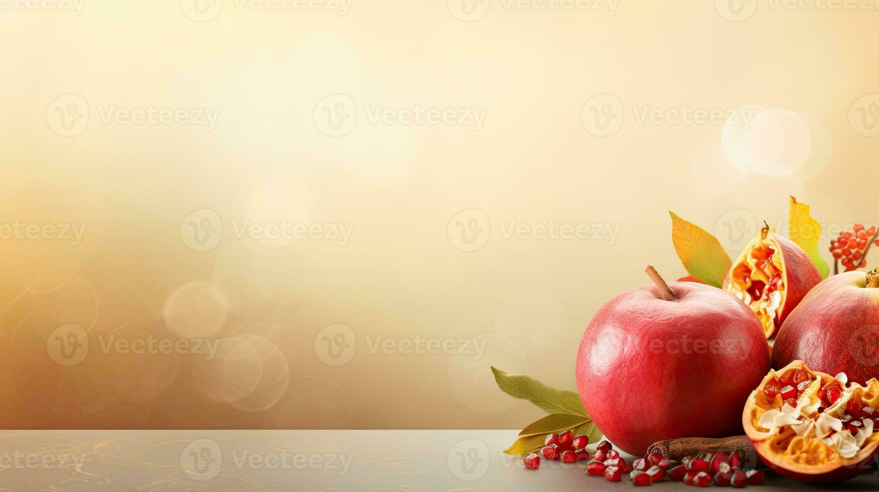 Rosh hashanah, jewish New Year holiday, traditional symbols. Web banner with copy space. Generative AI photo