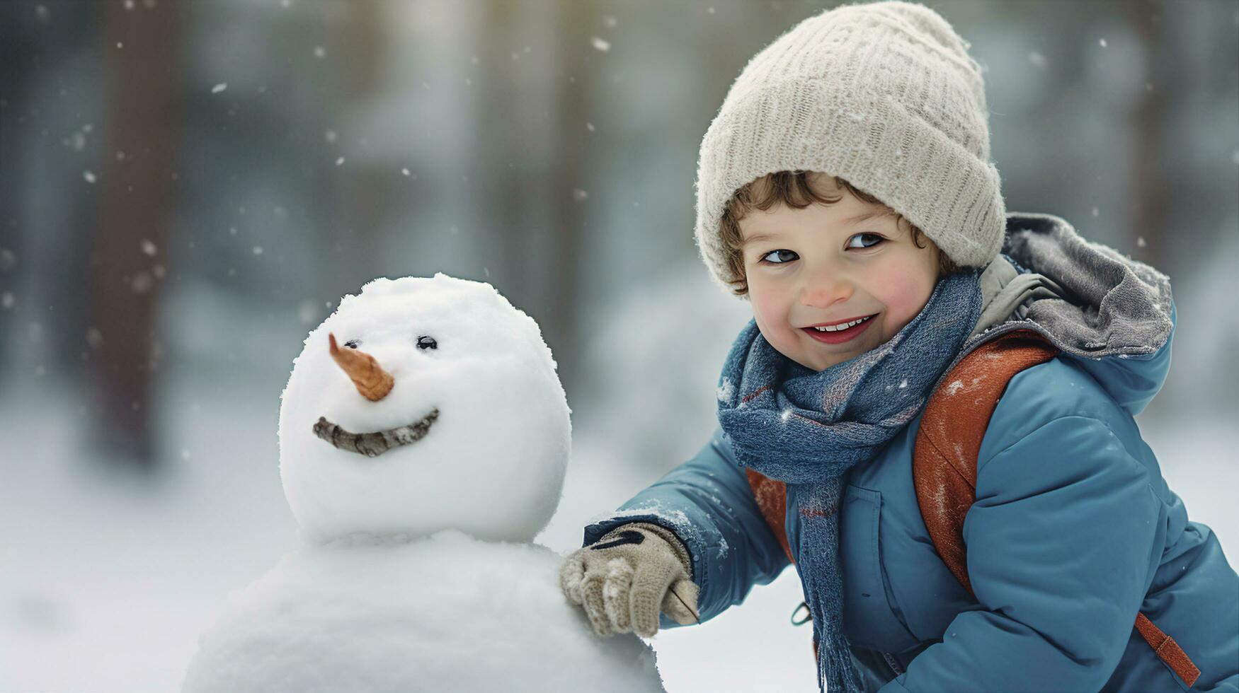 Joyful child in winter attire hugging a freshly-made snowman in a snowy forest setting. Generative AI photo