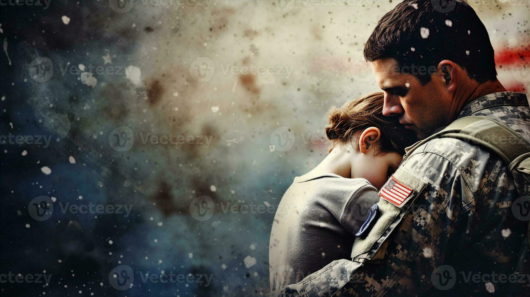 Veteran day, american soldier, dad and child, usa flag in background. Generative AI photo