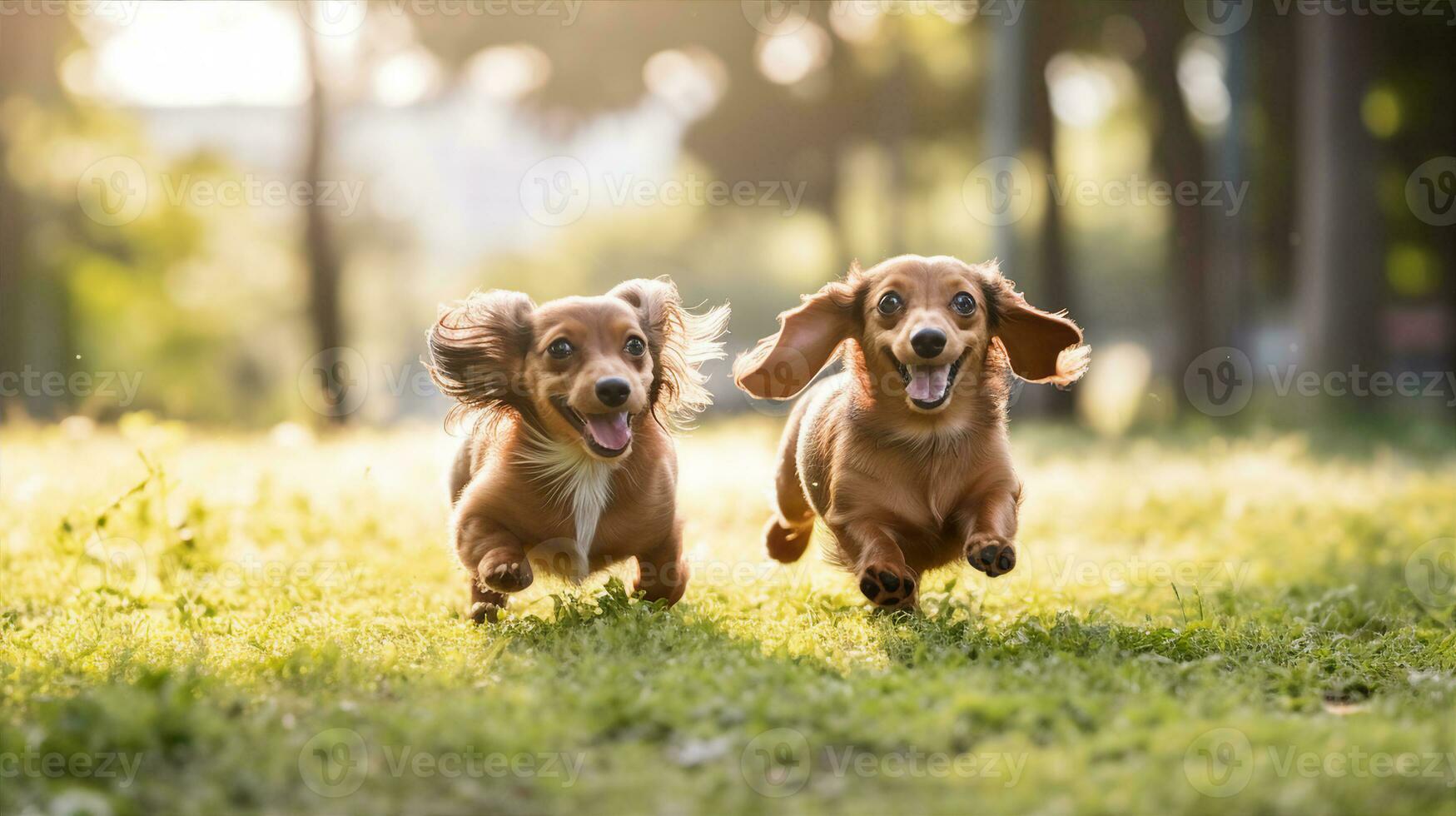 Happy dogs in park, cute small puppies. Generative AI photo