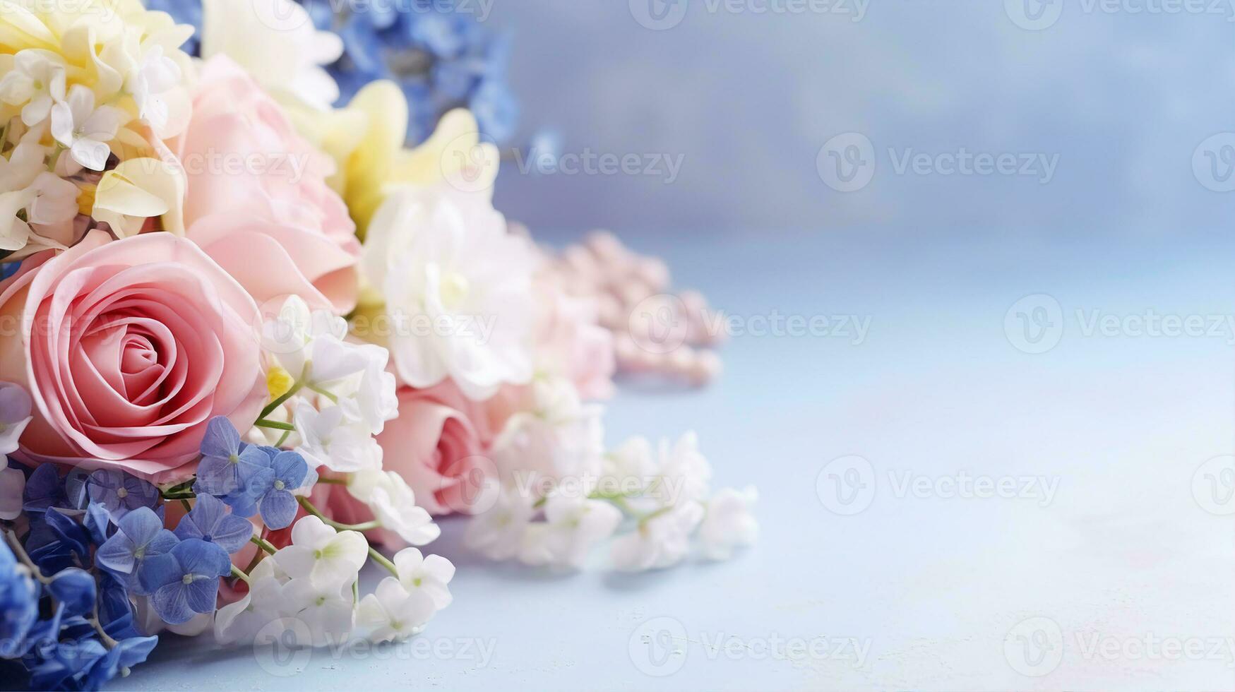 Delicate bouquet of roses, lilies, and hydrangeas in soft pastel colors on a serene blue background. Generative AI photo