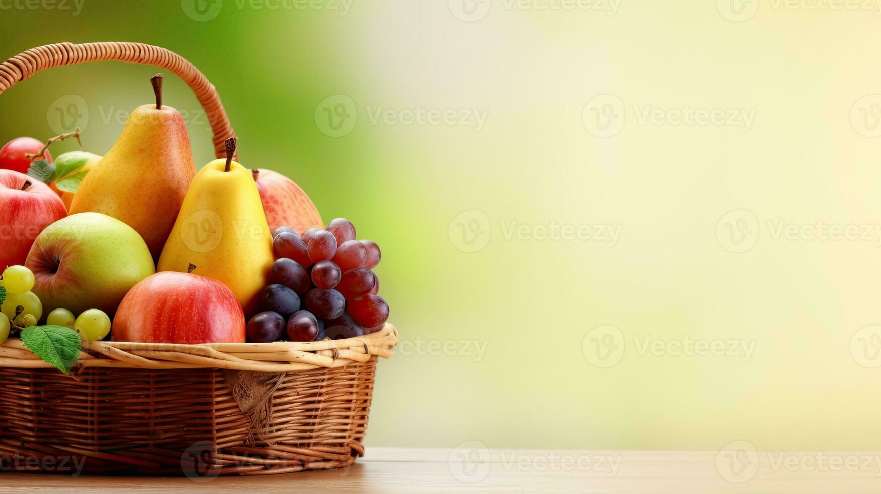 A basket of fresh fruit. Web banner with copy space. Generative AI photo