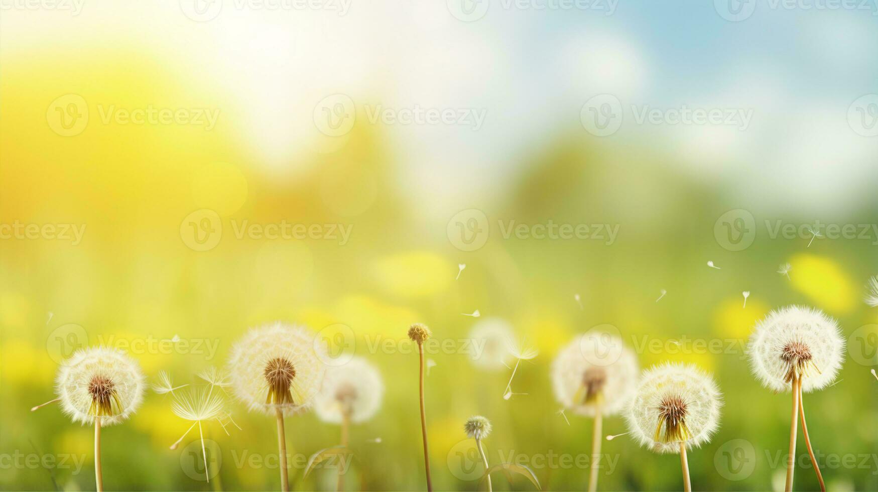 Sunlit dandelions with floating seeds against a vibrant yellow backdrop, symbolizing spring and serenity. Generative AI photo