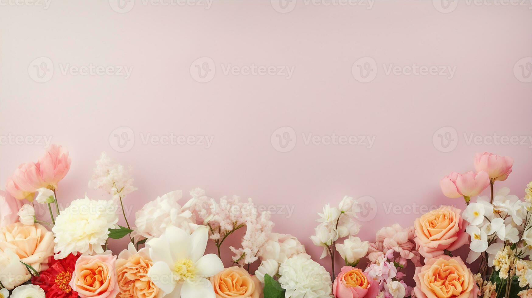 Displaying an array of fresh flowers in bouquets and single stems, sprinkled with dew, set against a pastel background. Generative AI photo