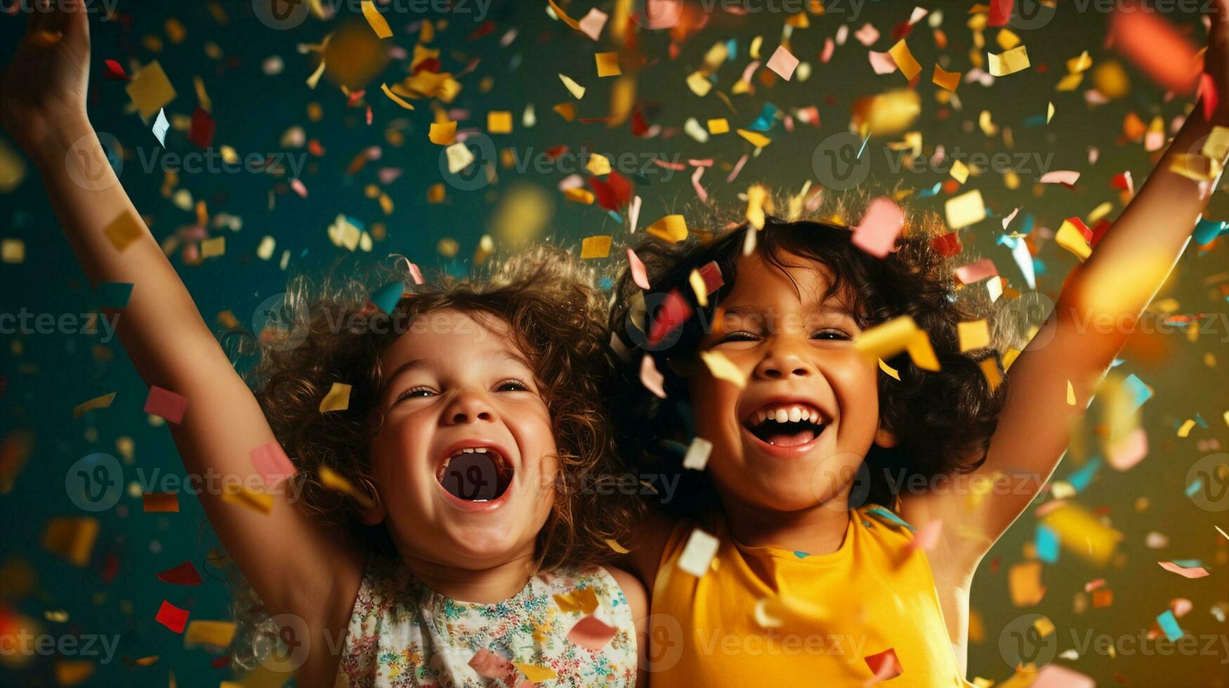 Two jubilant kids with wide smiles surrounded by flying colorful confetti. Generative AI photo