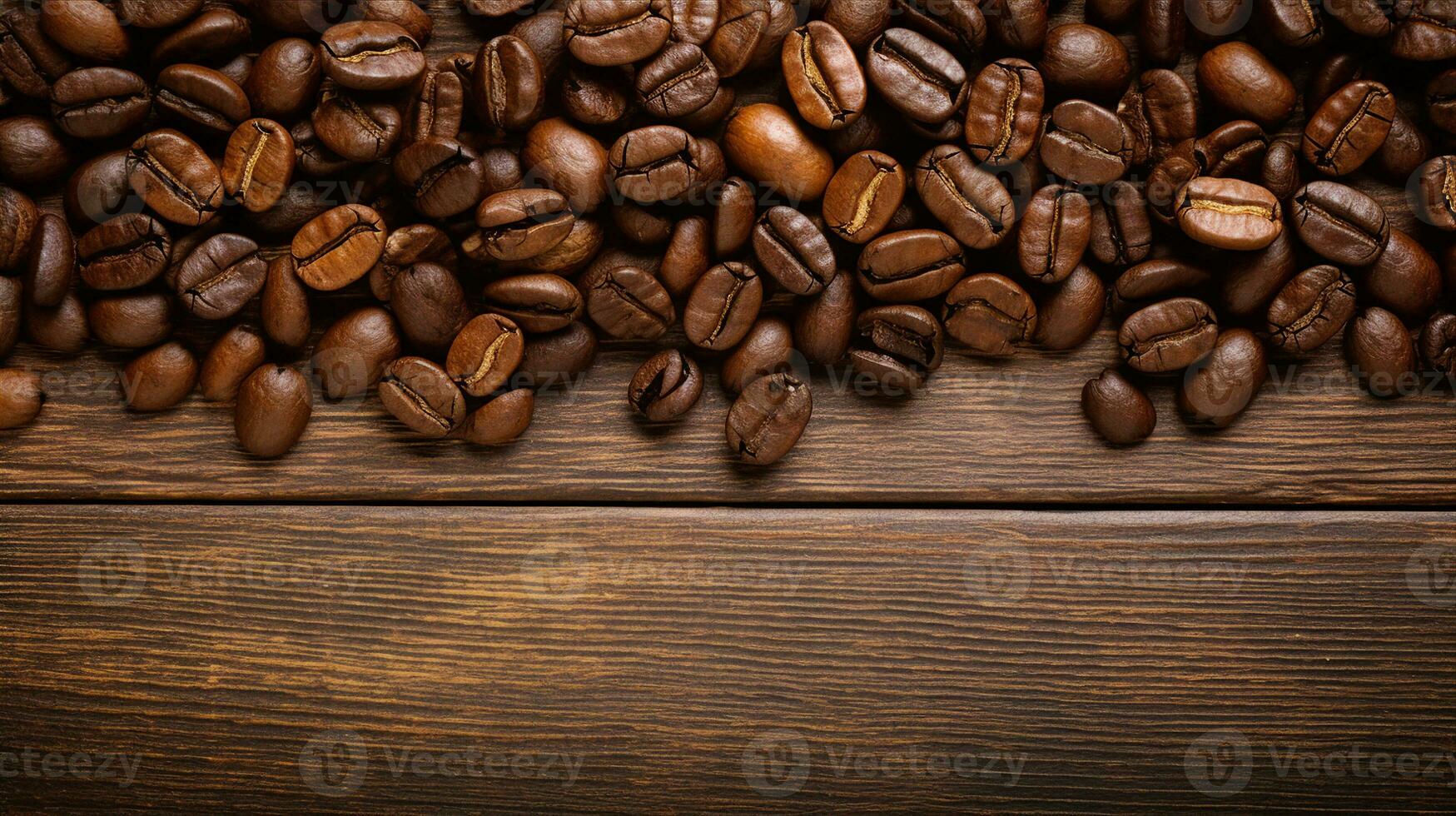 Roasted coffee beans scattered on a rustic wooden background, capturing the essence of a fresh brew. Generative AI photo
