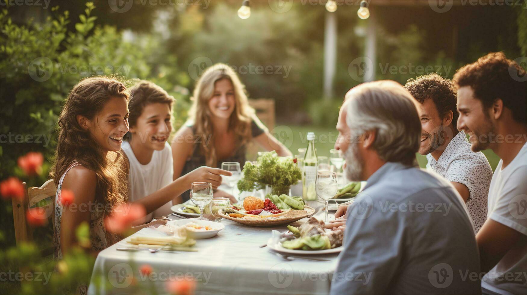 A warm and joyful gathering of friends and family, dining al fresco in a lush garden during a golden hour. Generative AI photo