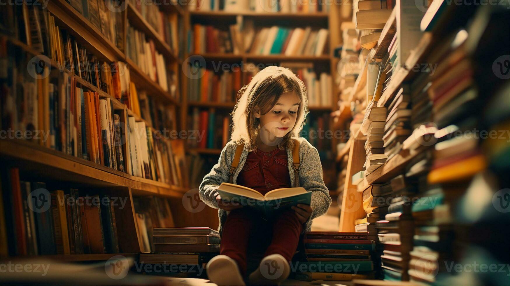 Child in a library, surrounded by books, a universe of stories waiting to be explored. Generative AI photo