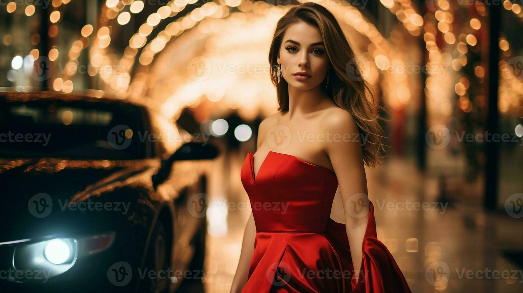 A stunning woman in a red dress strikes a confident pose amidst urban nightlife, with luxury cars and city lights. Generative AI photo