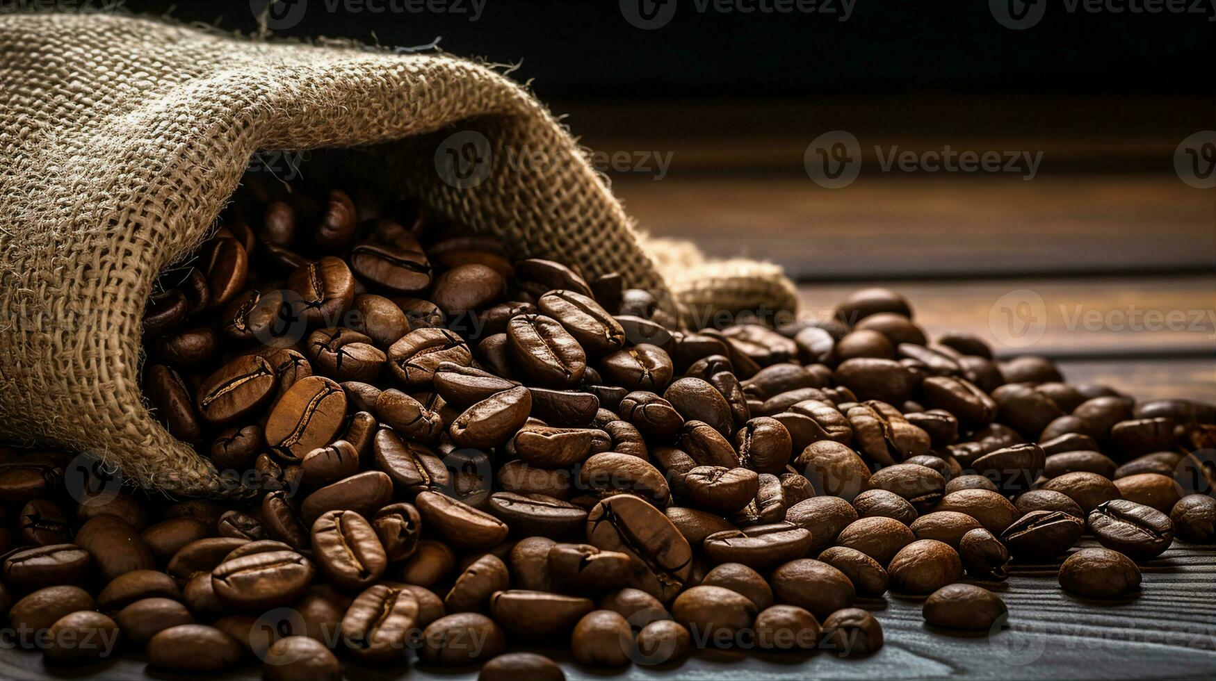 Roasted coffee beans spilling from a burlap sack on a dark wooden table, highlighting the rich texture and aroma. Generative AI photo
