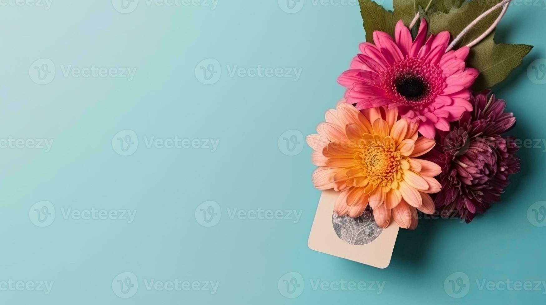 A bouquet of flowers with a tag, for Mothers Day, Birthday, Valentine's Day, romantic gift. Web banner with copy space. Generative AI photo