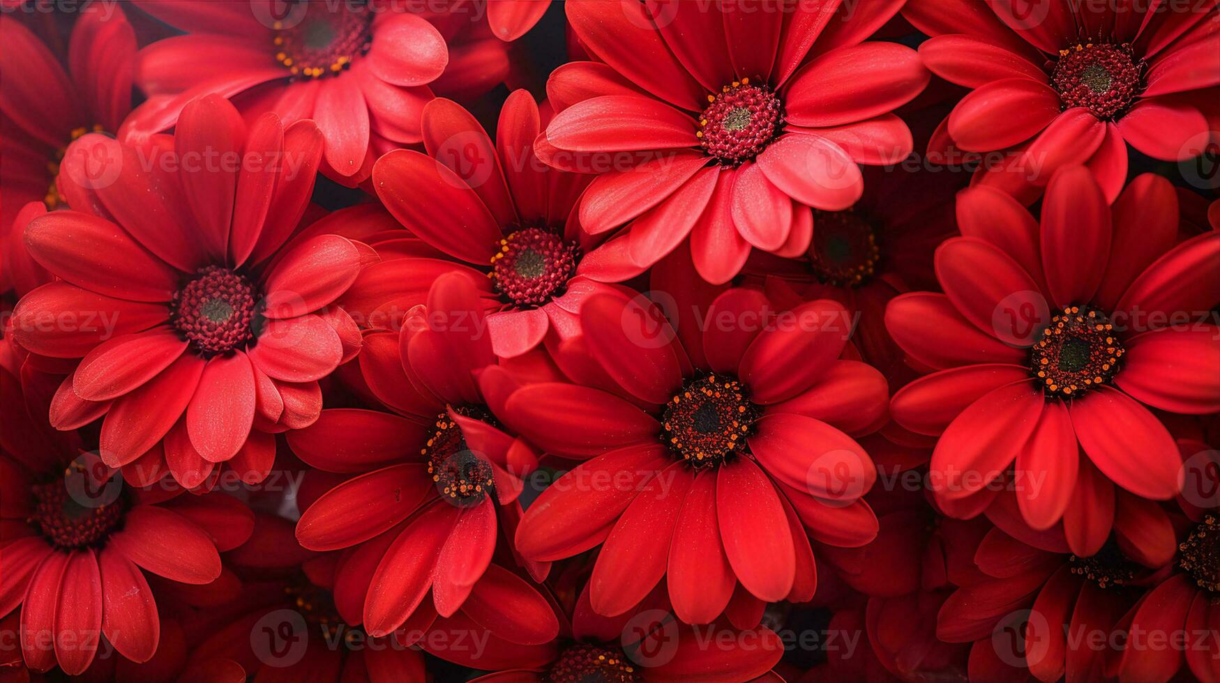 Close-up of vibrant red daisies with dewdrops, illuminated in soft light, evoking passion and nature's elegance. Generative AI photo