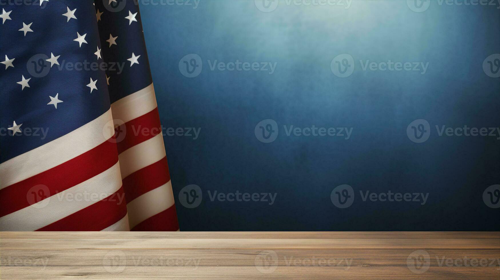 Memorial Day in USA, wooden desk, american flag in background. Generative AI photo
