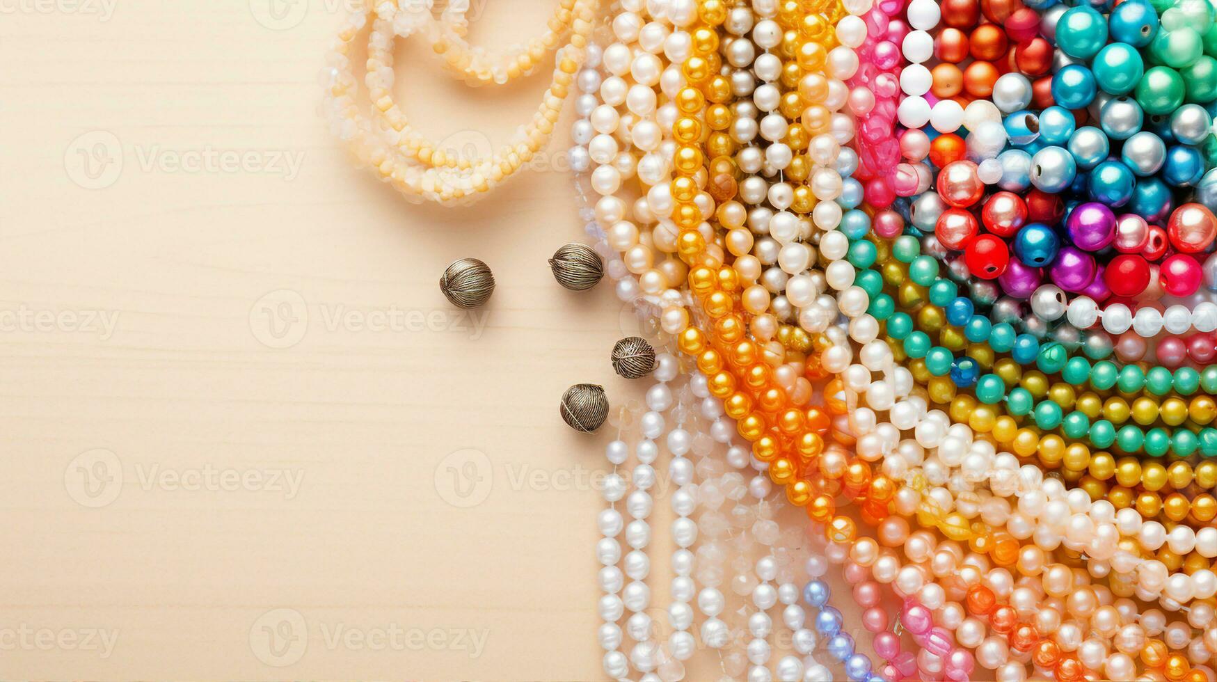 A DIY kit spread out colorful beads, strings, tools, set on a craft paper background with sketches. Generative AI photo