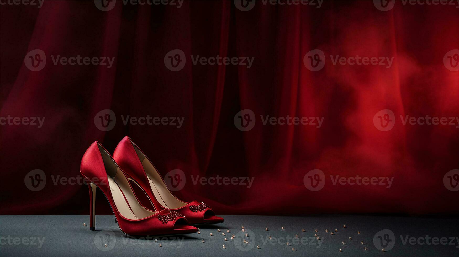 Banner showcases a pair of high heels and a matching clutch, spotlighted against a velvet curtain backdrop. Generative AI photo