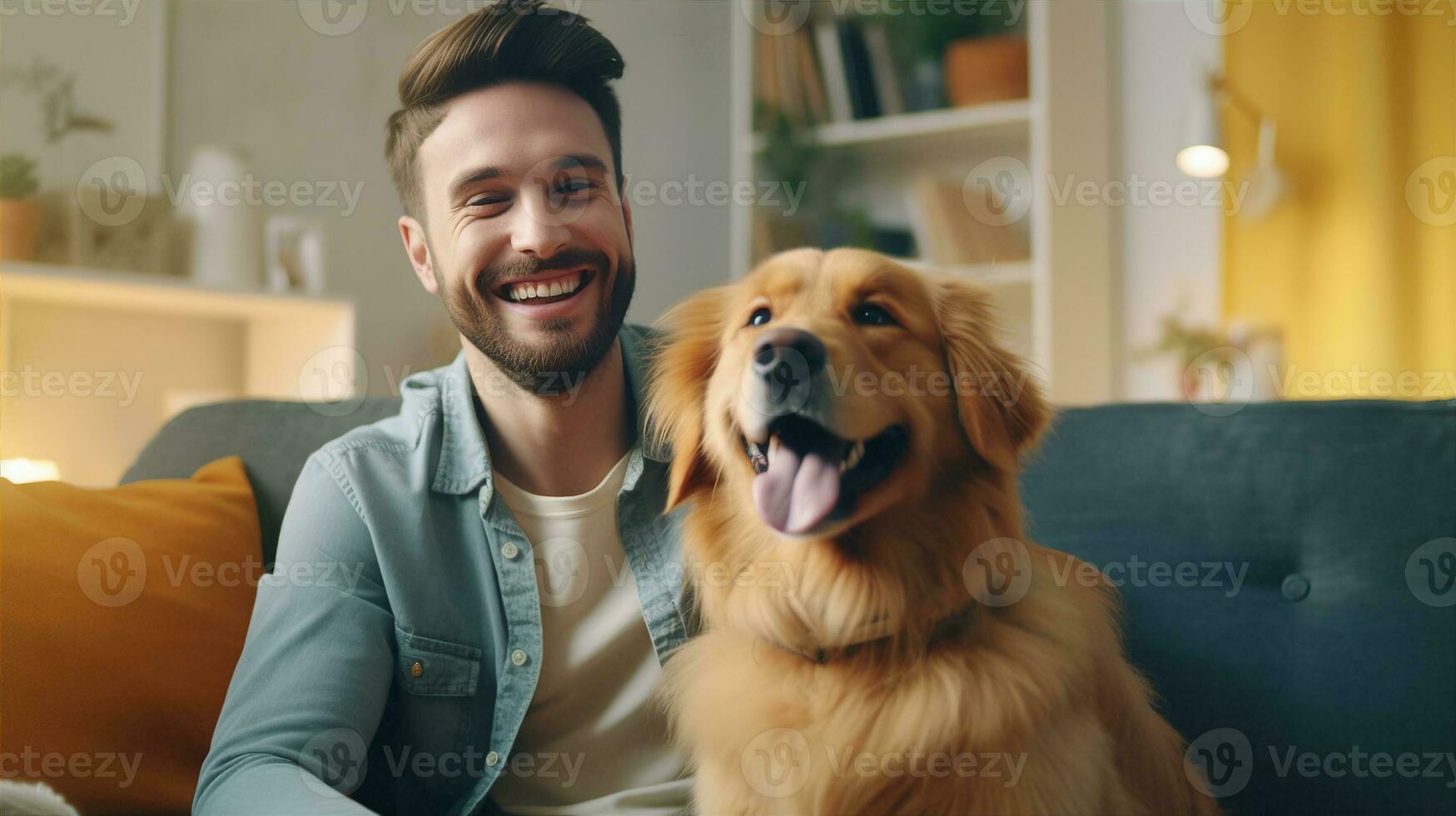 Happy dog and man together, friend of people at home. Generative AI photo