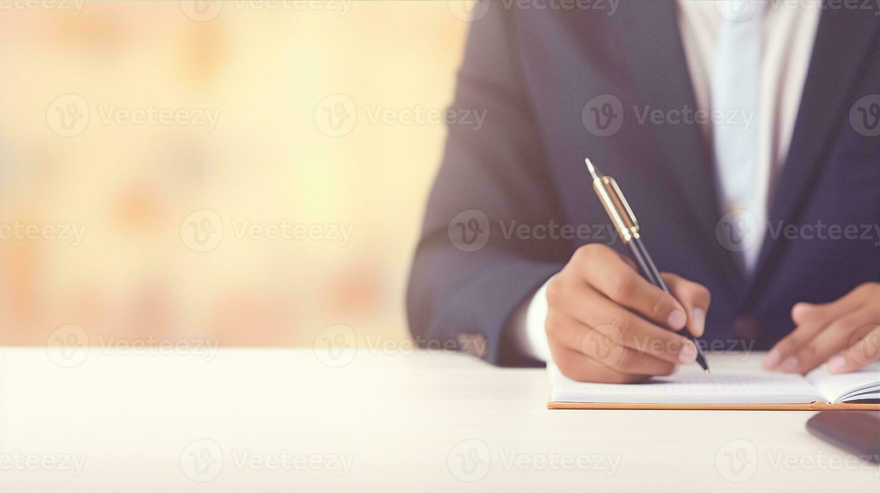 Close-up of a person's hand holding a pen, signing a document in a professional setting. Generative AI photo