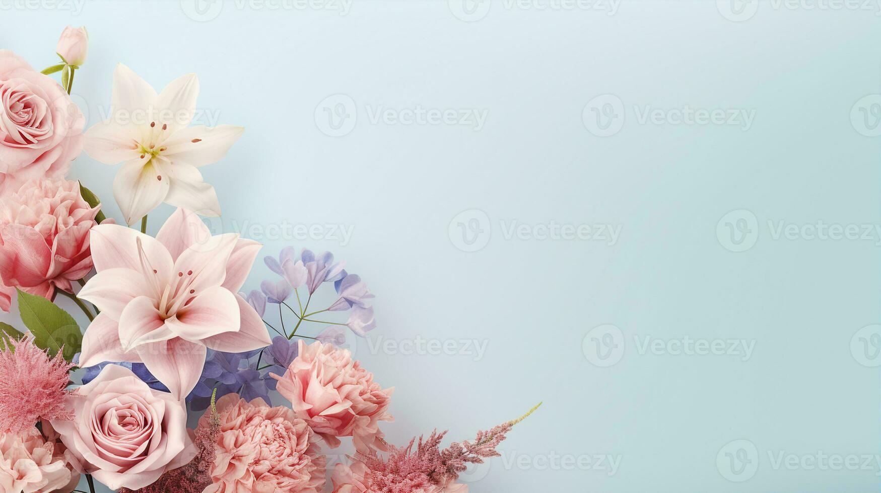Displaying an array of fresh flowers in bouquets and single stems, sprinkled with dew, set against a pastel background. Generative AI photo