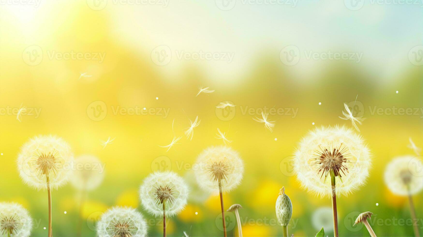 Sunlit dandelions with floating seeds against a vibrant yellow backdrop, symbolizing spring and serenity. Generative AI photo