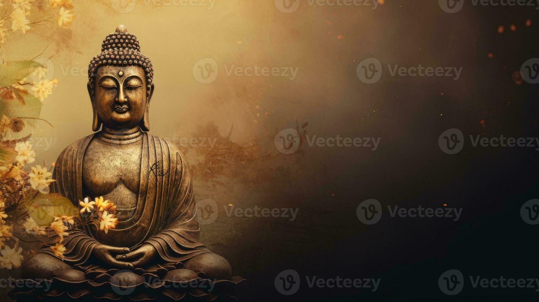 Statue of buddha, buddhism, religion and meditation. Web banner with copy space. Generative AI photo