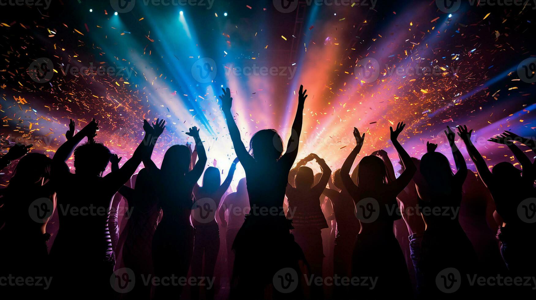 energético multitud bailando debajo vibrante luces con papel picado descendente, representación de música festival o fiesta. generativo ai foto