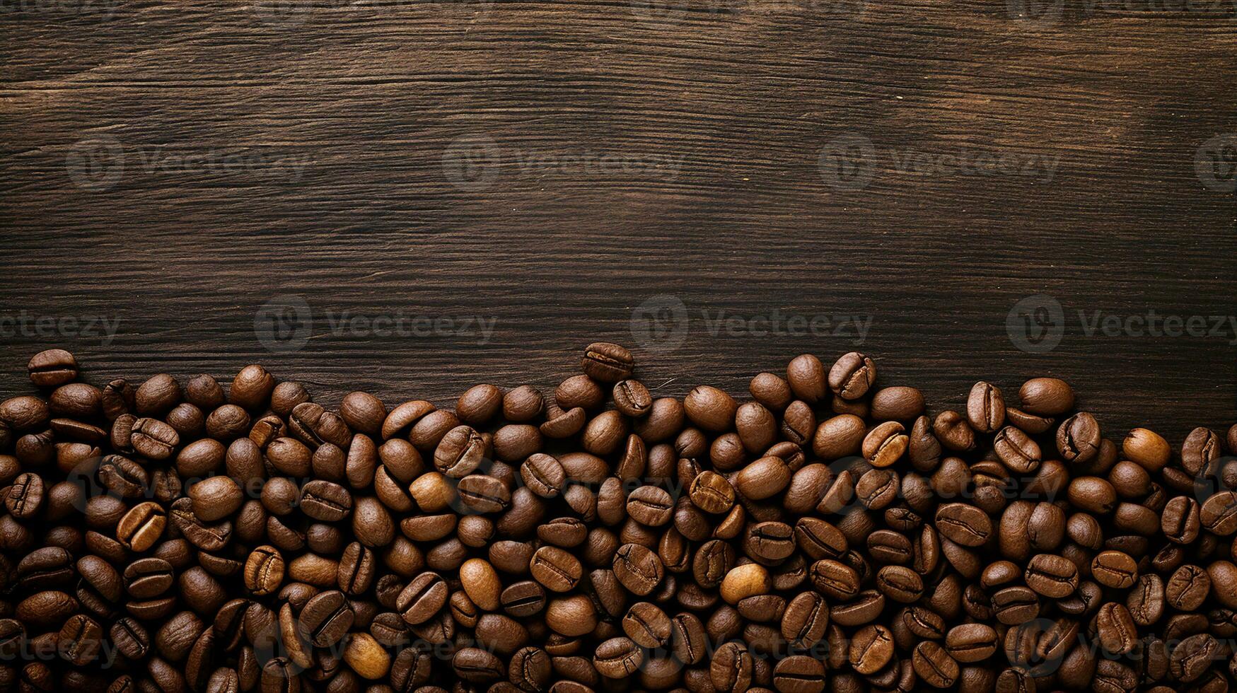 Roasted coffee beans scattered on a rustic wooden background, capturing the essence of a fresh brew. Generative AI photo