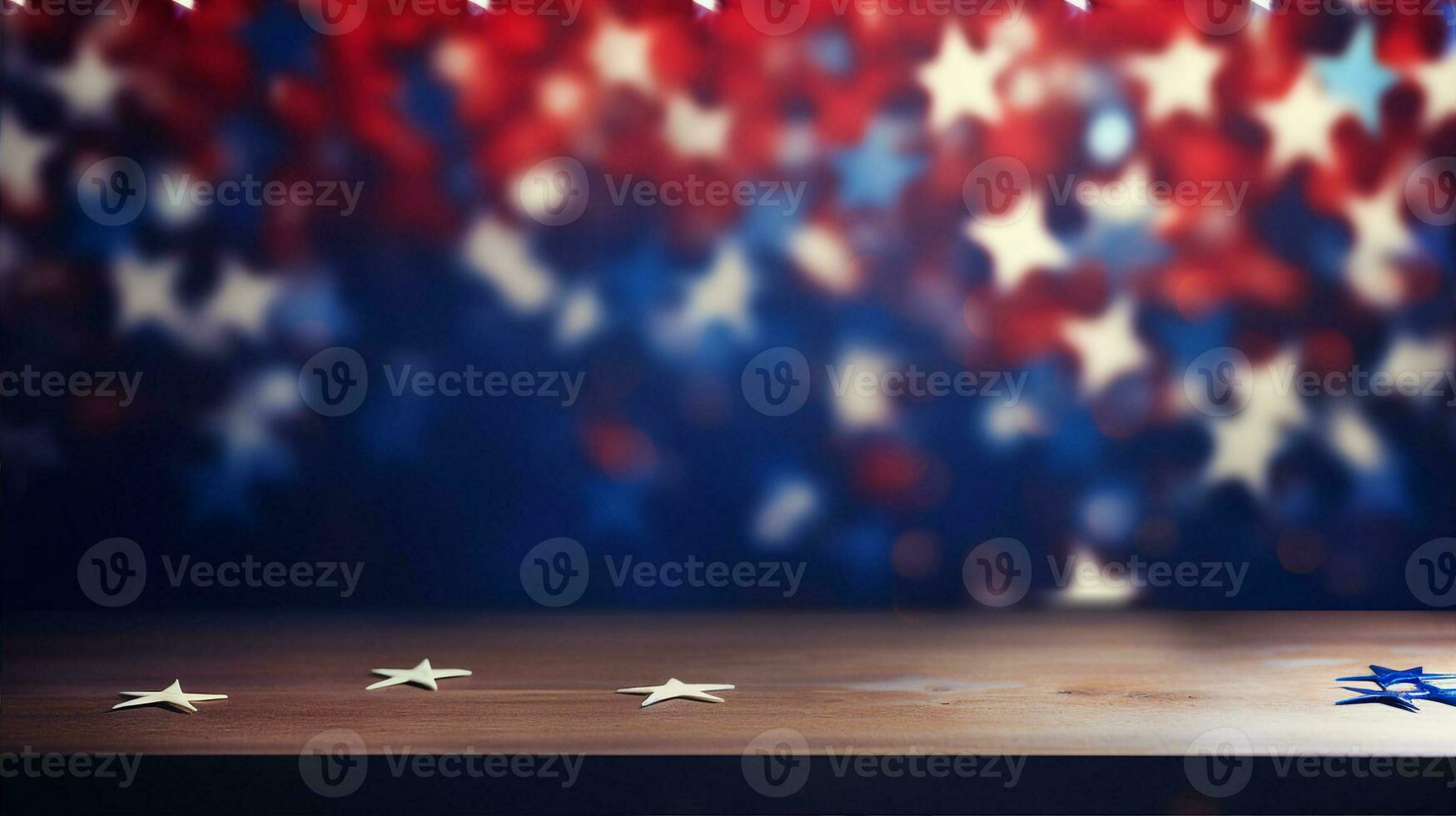 Memorial Day in USA, wooden desk, american flag in background. Generative AI photo