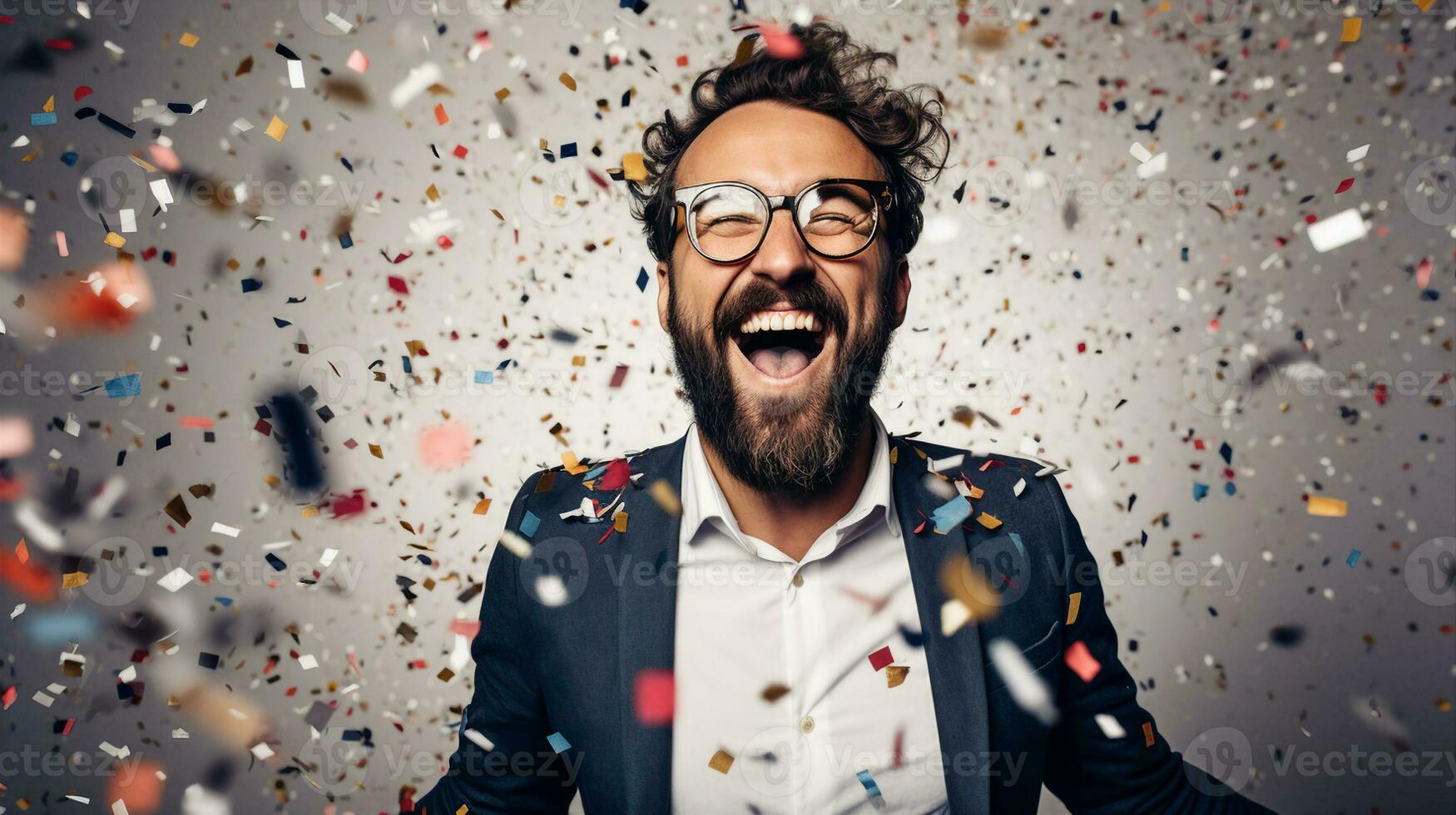 Joyful man in formal attire amidst a celebratory confetti shower, exuding happiness and confidence. Generative AI photo