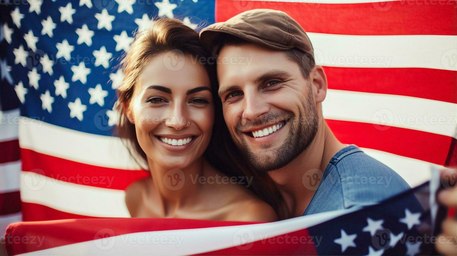 Joyful group of young friends posing with the American flag in an urban setting. Generative AI photo