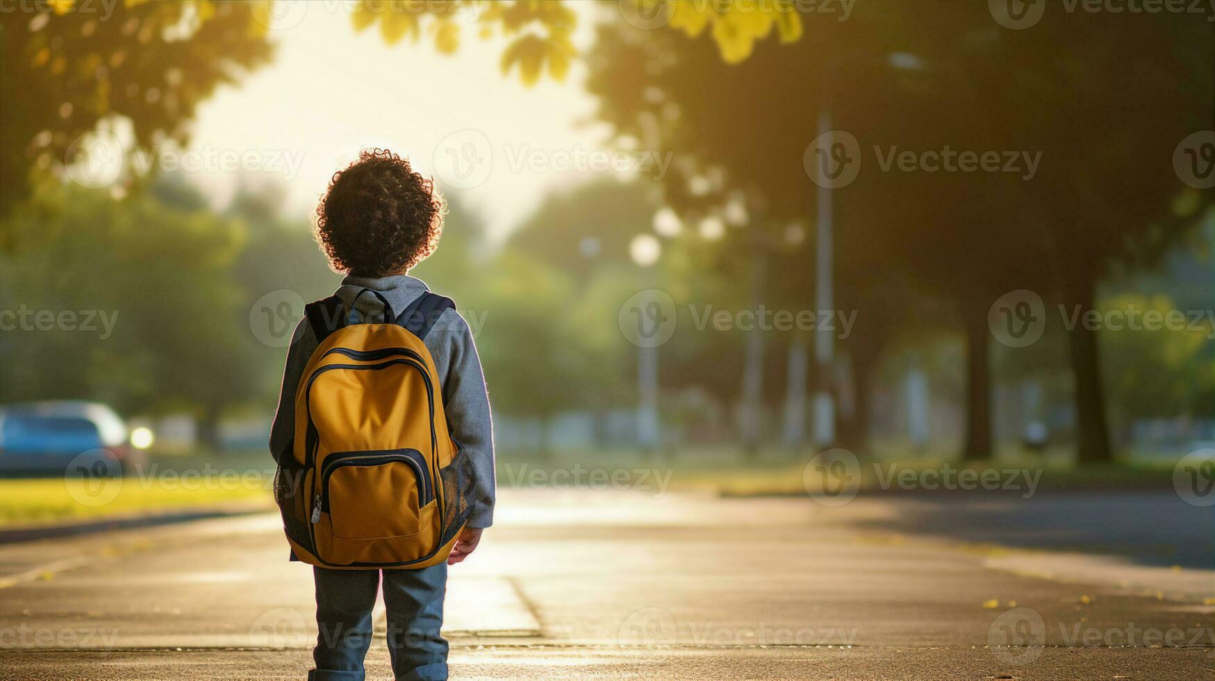 Child with a backpack, eagerly awaiting the school bus, a mix of nerves and excitement. Generative AI photo