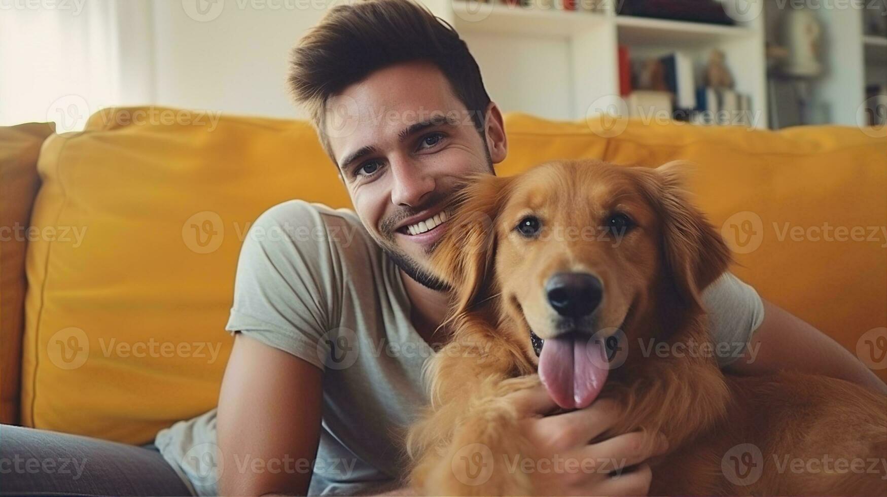 Happy dog and man together, friend of people at home. Generative AI photo