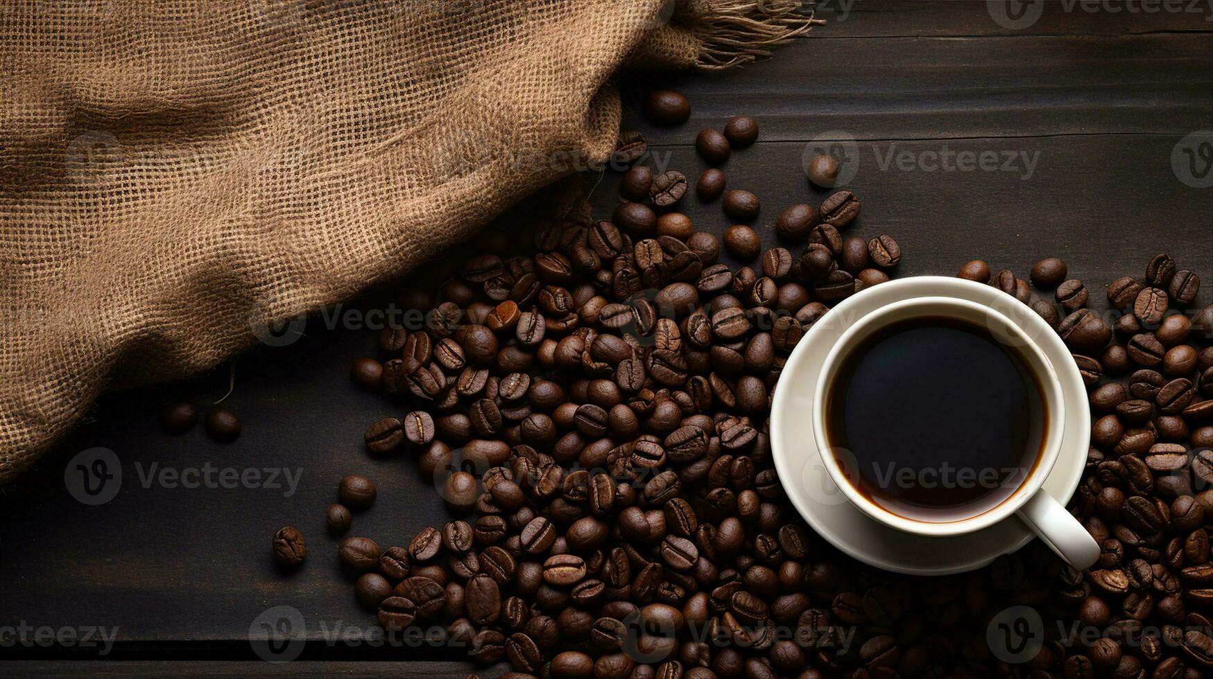Close-up of a cup of black coffee surrounded by roasted coffee beans on a dark wooden table with a rustic burlap cloth backdrop. Generative AI photo