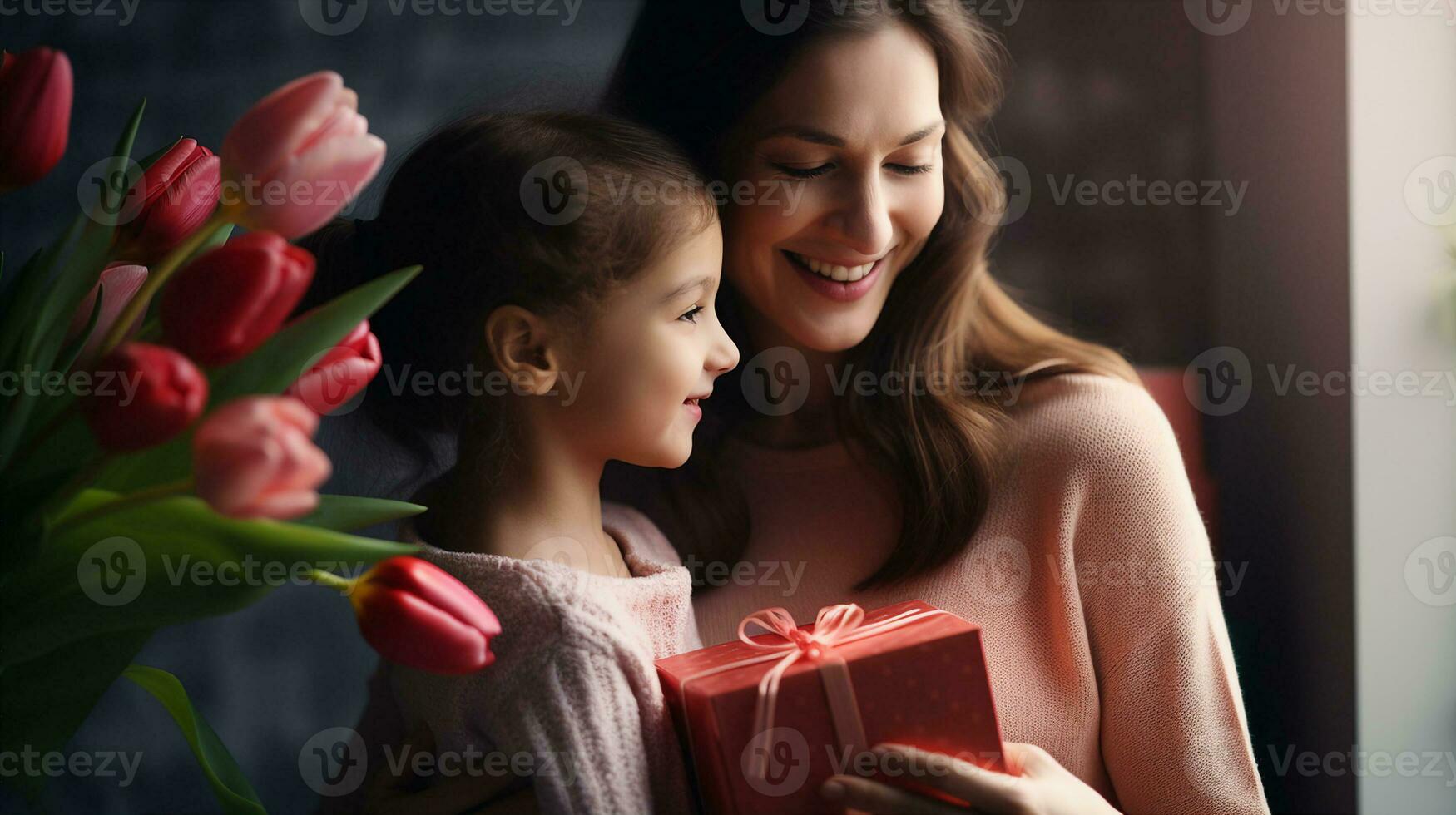 calentar madre hija momento, un joven niña recepción un regalo. generativo ai foto