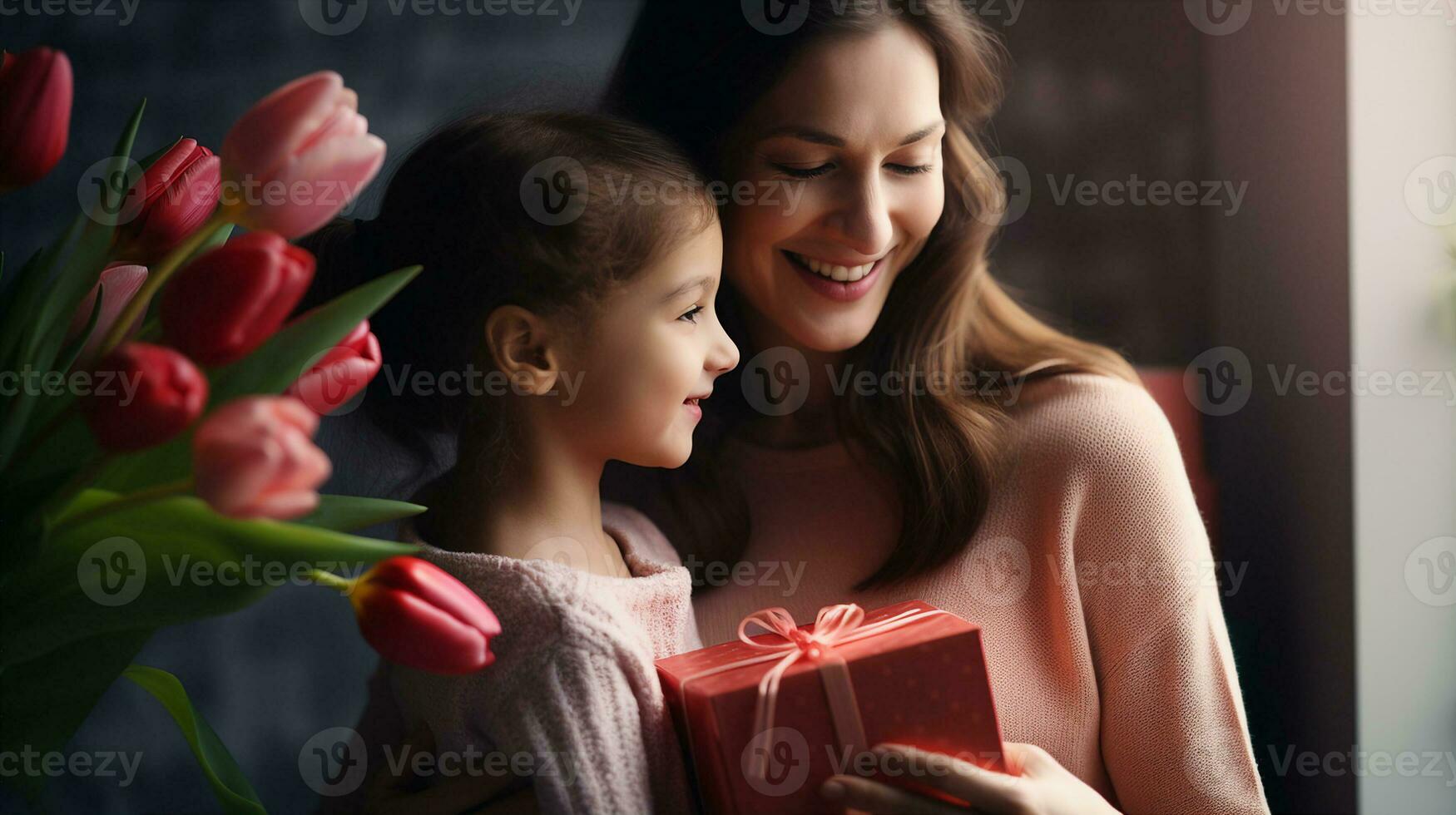 Warm mother-daughter moment, a young girl receiving a gift. Generative AI photo