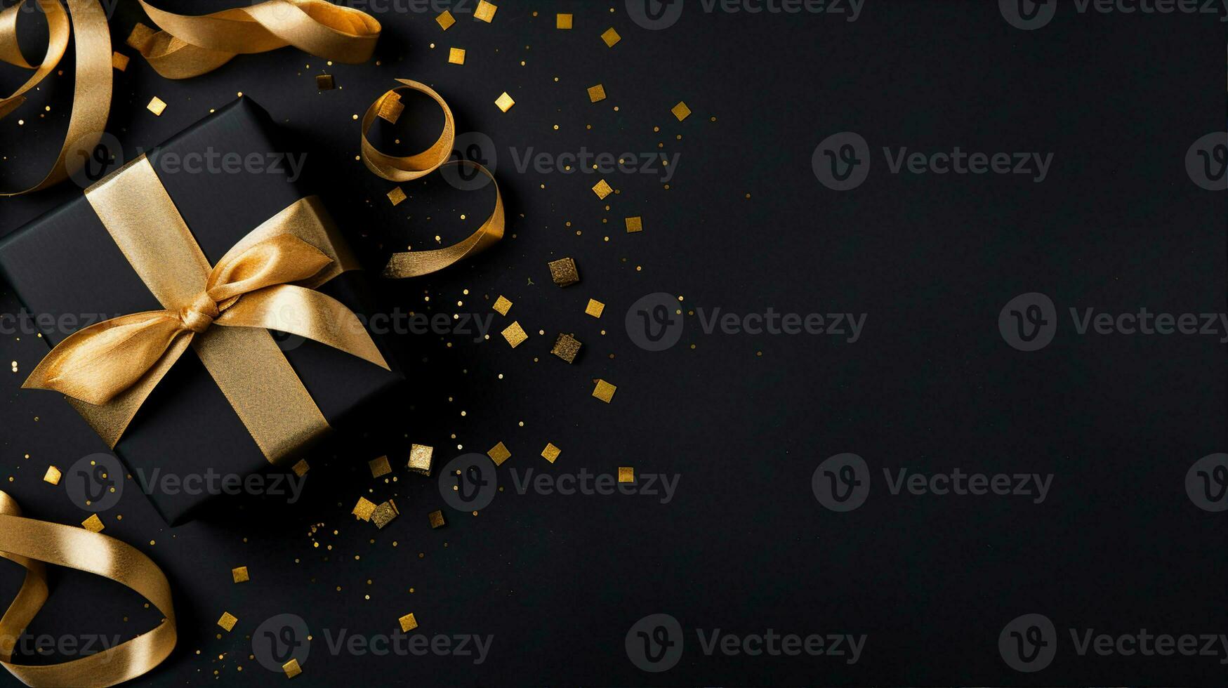 Elegant black gift box with shimmering gold ribbon surrounded by golden confetti on a dark background. Generative AI photo