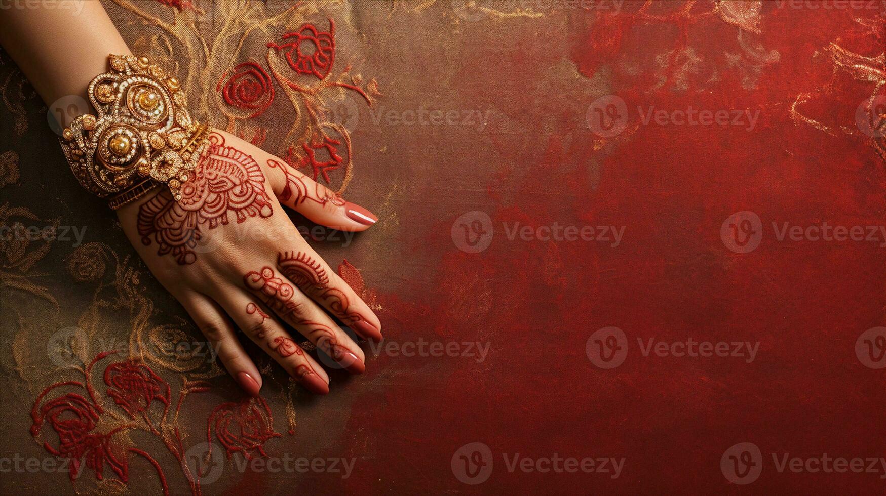 Enthralling banner displaying a woman's hand with intricate henna designs, holding ethnic jewelry against a silk backdrop. Generative AI photo