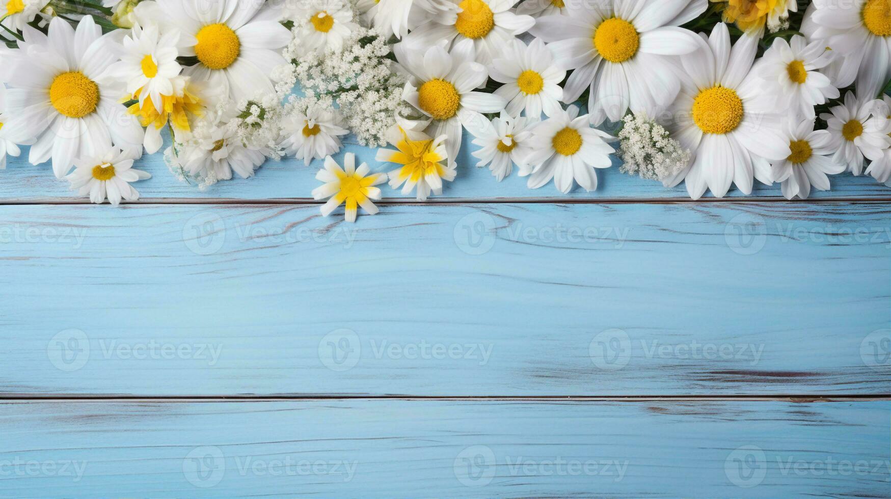 Fresh daisies arranged on a rustic blue wooden background, creating a serene and calming ambiance. Generative AI photo