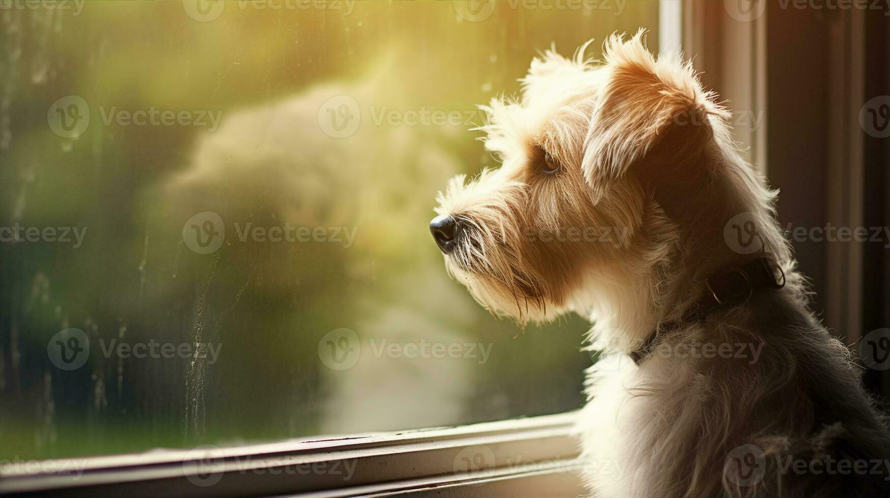 Sad dog looking out the window, alone at home. Generative AI photo