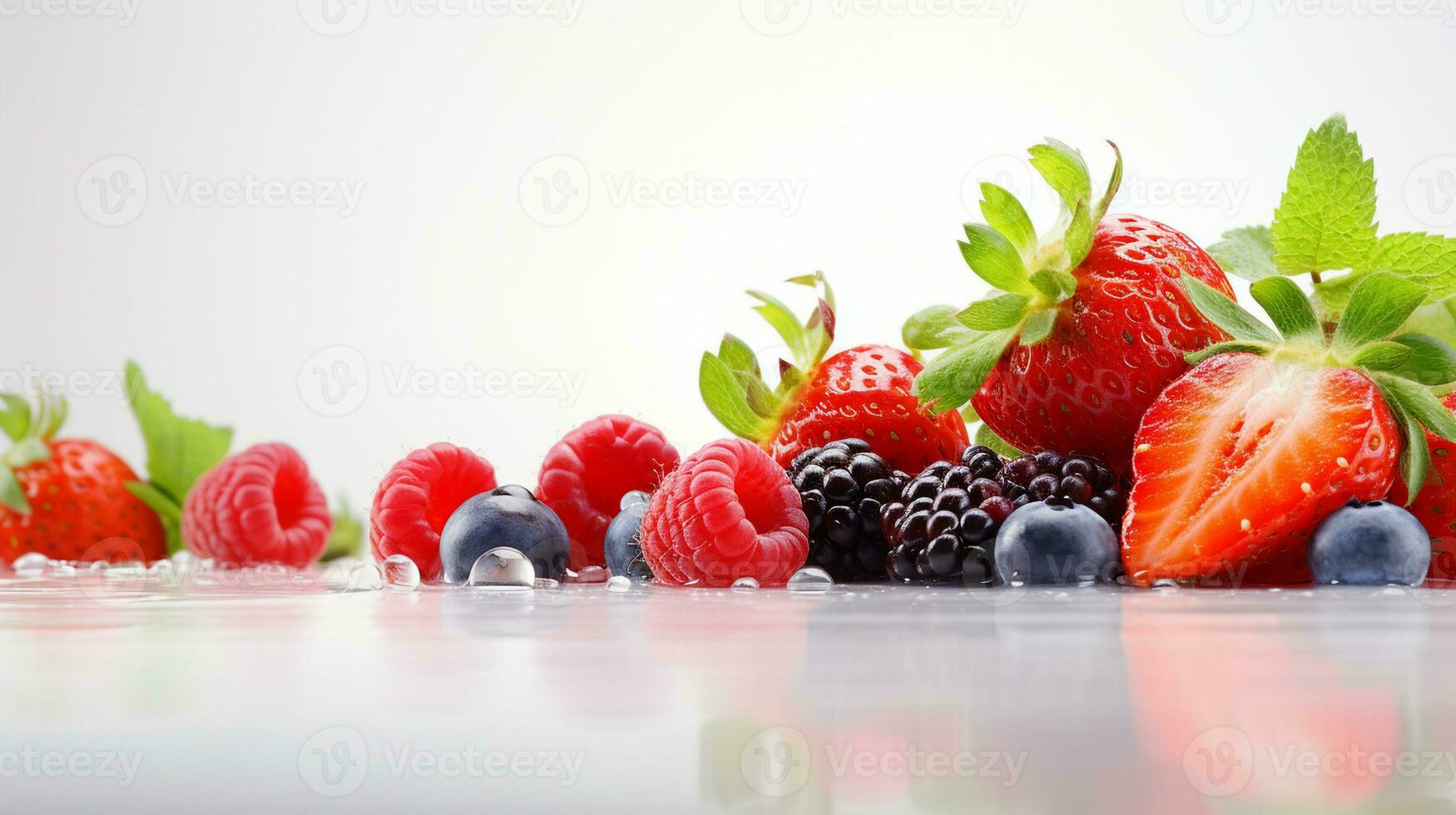 Fresh, vibrant berries including strawberries, raspberries, blueberries, and blackberries, with mint leaves, glistening with dew. Generative AI photo