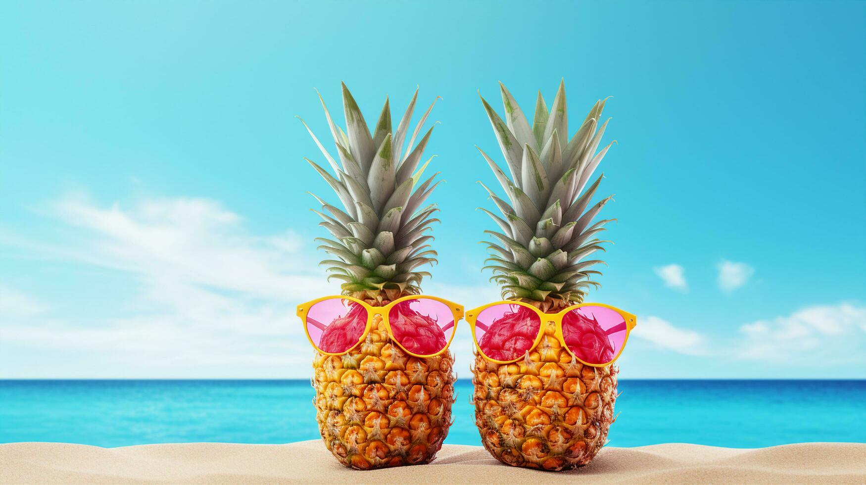 Twin pineapples with vibrant textures standing tall on a sandy beach against a backdrop of serene blue ocean waters. Generative AI photo