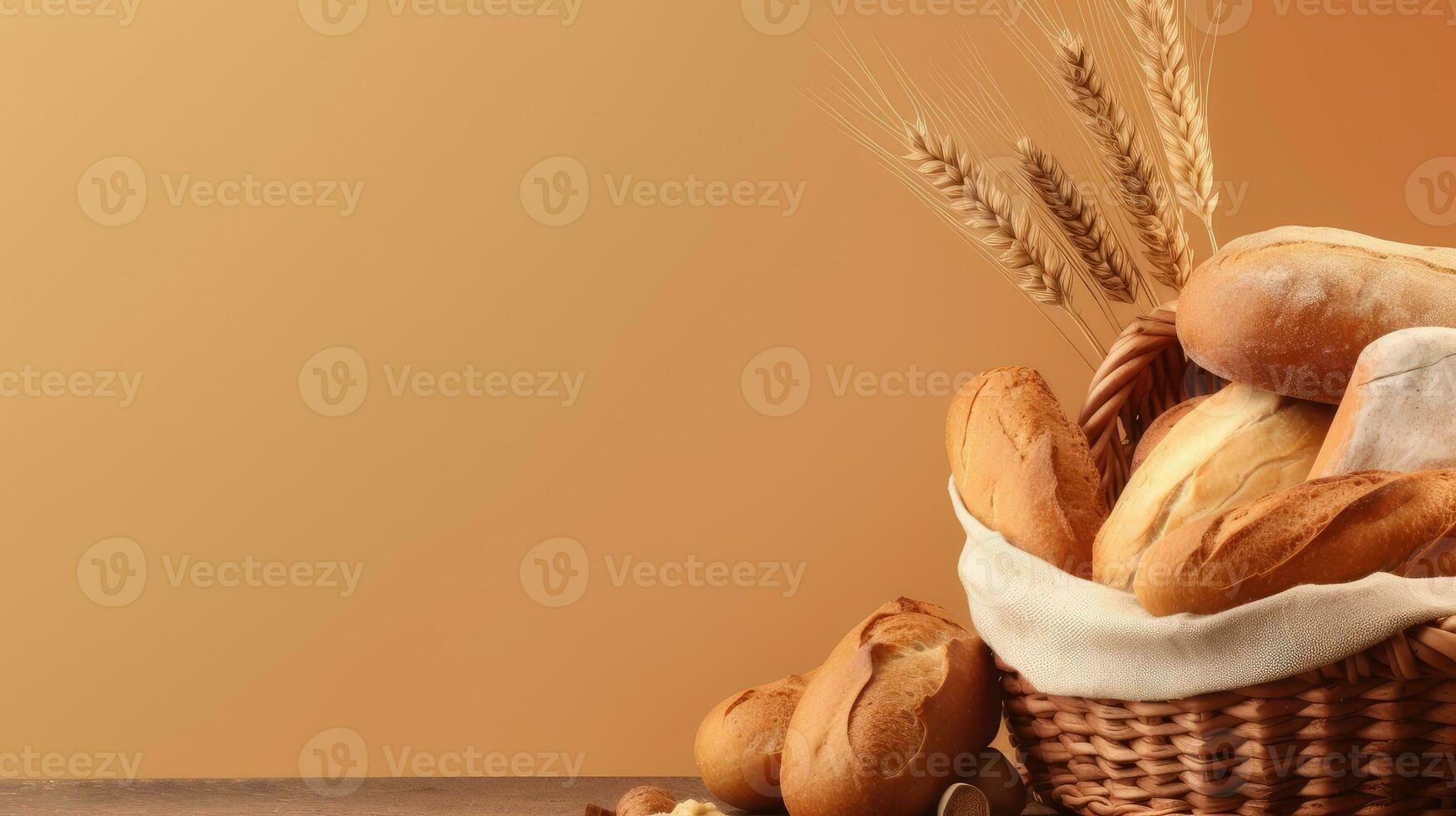 A basket of freshly baked bread. Web banner with copy space. Generative AI photo