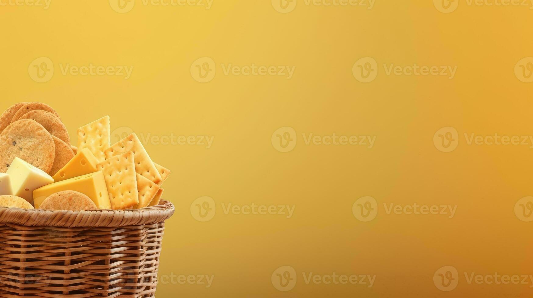 A basket of cheese and crackers. Web banner with copy space. Generative AI photo