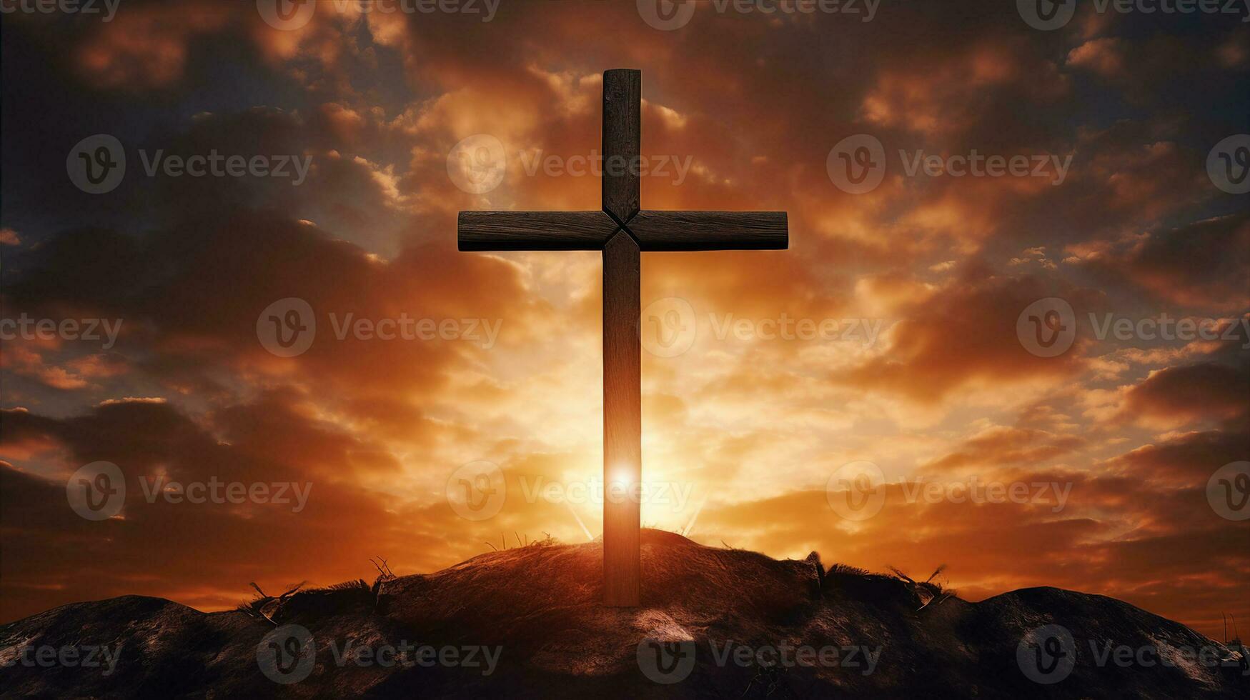 Wooden cross silhouette against a dramatic sunset sky on a hill, symbolizing hope and faith. Generative AI photo